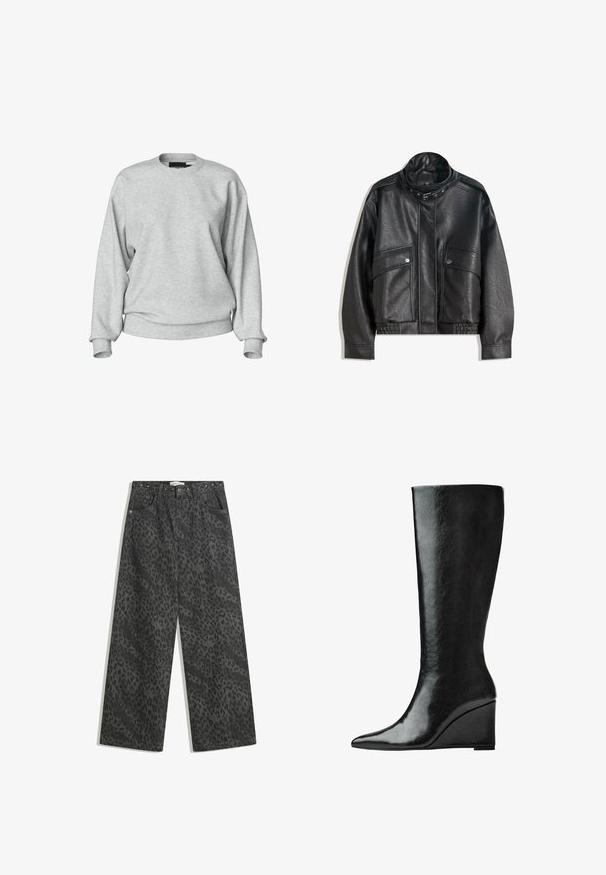 Black leather jacket with a high collar, zip closure, front snap pockets, and elasticized hem; smooth texture with detailed stitching.; Light gray sweatshirt with a round neckline, long sleeves, ribbed cuffs, and a relaxed fit. Made from soft fabric with minimal detailing.; Black denim wide-leg pants featuring a subtle leopard print pattern, metal stud accents on the waistband, and classic five-pocket design.; Knee-high black leather boots with a sleek, pointed toe and a wedge heel. The surface is smooth with a glossy finish.
