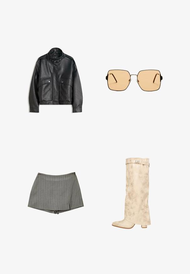 Schwarze Lederjacke mit hohem Kragen, Reißverschluss, vorderen Druckknopftaschen und elastischem Saum; glatte Textur mit detaillierter Naht.; Schwarzes, durchsichtiges Camisole mit Spaghettiträgern, verziert mit floralem Perlenbesatz und einer Frontknotenschließe. Leichter und strukturierter Stoff.; Graue Shorts aus einem strukturierten Stoff mit vertikalen Streifen. Sie haben einen leichten Schlitz an der Seite und eine strukturierte Taille.; Knielange cremefarbene Stiefel aus synthetischem Leder mit dezentem Glanz, strukturiertem Finish, Blockabsatz und einem Riemen mit metallischem Verschluss oben.; Quadratische Sonnenbrillen mit braunen Gläsern und einem dünnen schwarzen Metallrahmen. Verfügt über schräg gestaltete Bügel und verstellbare Nasenpads für zusätzlichen Komfort.; Schwarze geflochtene Schultertasche mit einem glatten Ledertragegurt und Reißverschluss. Verfügt über eine strukturierte Oberfläche und eine gebogene Form.