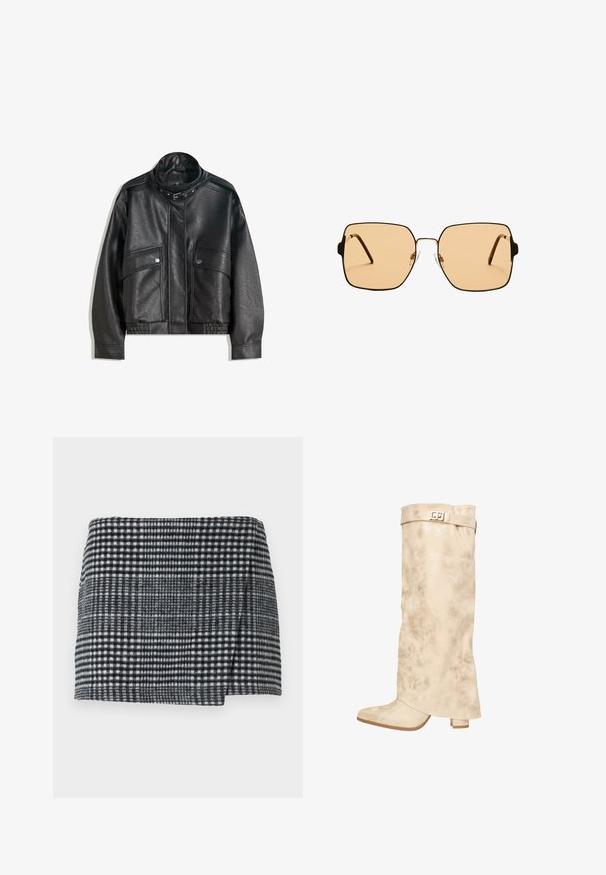 Sort læderjakke med høj krave, lynlås lukning, frontlommer med trykknapper og elastisk kant; glat tekstur med detaljeret syning.; Sort gennemsigtig top med spaghetti-stropper, prydet med blomsterperlearbejde og med en frontknude lukning. Let og tekstureret stof.; Uld mini nederdel med et sort og hvidt hundetandmønster, lige skæring med en let asymmetrisk kant og struktureret stof.; Knæhøj creme syntetisk læderstøvle med en subtil glans, tekstureret overflade, blokhæl og en rem med en metallisk spænde øverst.; Firkantede solbriller med brune linser og en tynd sort metalramme. Har skrå templer og justerbare næsepuder for komfort.; Sort vævet skuldertaske med en glat læderrem og lynlåslukning. Har en tekstureret overflade og en buet form.