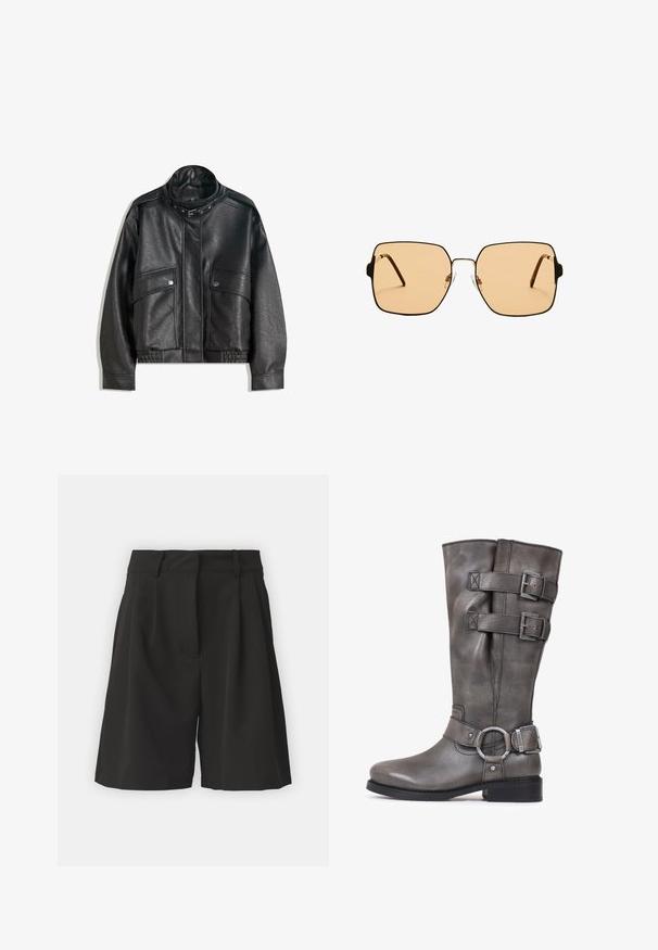 Svart läderjacka med hög krage, dragkedjestängning, framfickor med tryckknapp och elastisk nederkant; slät yta med detaljerad sömnad.; Svart genomskinlig chemisette med spagettistängar, prydd med blommiga pärldetaljer och en framknutning. Lätt och texturerad tyg.; Svarta shorts med skräddarsydd design, med veck framtill, bred midja och en slät yta. Inga synliga fickor.; Grå läder knähöga stövlar med två dekorativa remmar och silverfärgad spänne. Rundad tå, låg blockklack och slät textur.; Fyrkantiga solglasögon med bruna linser och en tunn svart metallram. Har vinklade skalmar och justerbara näsdelar för ökad komfort.; Svart vävd axelväska med ett slätt läderhandtag och dragkedjestängning. Har en strukturerad yta och en böjd form.
