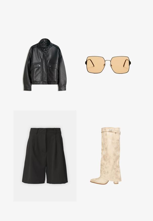 Veste en cuir noir avec un col haut, fermeture éclair, poches avant à pression et ourlet élastiqué ; texture lisse avec des coutures détaillées.; Camisole noir transparent avec bretelles spaghetti, ornée d'accents en perles florales et d'une fermeture à nouer à l'avant. Tissu léger et texturé.; Shorts noirs au design sur mesure, avec des plis à l'avant, une taille large et une texture lisse. Pas de poches visibles.; Botte en cuir synthétique crème, haute jusqu'au genou, avec un léger éclat, une finition texturée, un talon bloc et une sangle avec un fermoir métallique en haut.; Lunettes de soleil carrées avec des verres marron et une fine monture en métal noir. Présente des branches angulaires et des plaquettes de nez ajustables pour un confort optimal.; Sac à épaule tissé noir avec une bandoulière en cuir lisse et une fermeture éclair. Présente une surface texturée et une forme courbée.