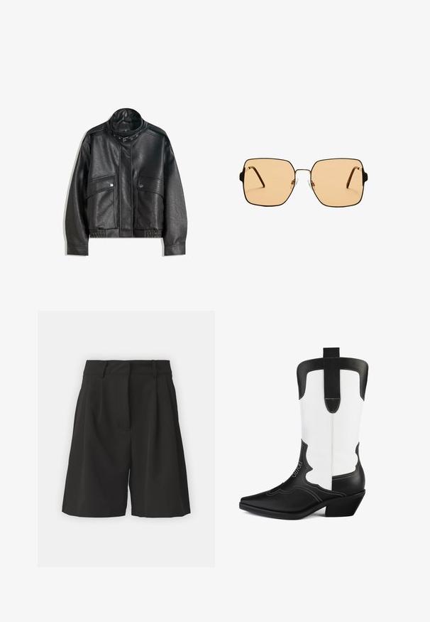 Čierna kožená bunda s vysokým golierom, zipsovým zapínaním, prednými vreckami na patentky a elastickým spodným okrajom; hladká textura s detailným prešívaním.; Čierna priesvitná tílko s ramienkami, s kvetinovou korálkovou výšivkou a predným viazaním. Ľahká a štruktúrovaná látka.; Čierne kraťasy s prispôsobeným strihom, so záhybmi na prednej strane, širokým pásom a hladkou textúrou. Bez viditeľných vreciek.; Čierno-biele kovbojské čižmy vyrobené z umelých kože, s špicatou špičkou, ryhovaným dizajnom a nízkym blokovým opätkom. Výrazná inkrustácia šitia.; Štvorcové slnečné okuliare s hnedými sklami a tenkým čiernym kovovým rámom. Vlastnosti zahŕňajú šikmé ramienka a nastaviteľné nosové podložky pre väčšie pohodlie.; Čierna tkaná taška cez plece s hladkým koženým remienkom a zipsovým uzáverom. Disponuje štruktúrovaným povrchom a zakriveným tvarom.