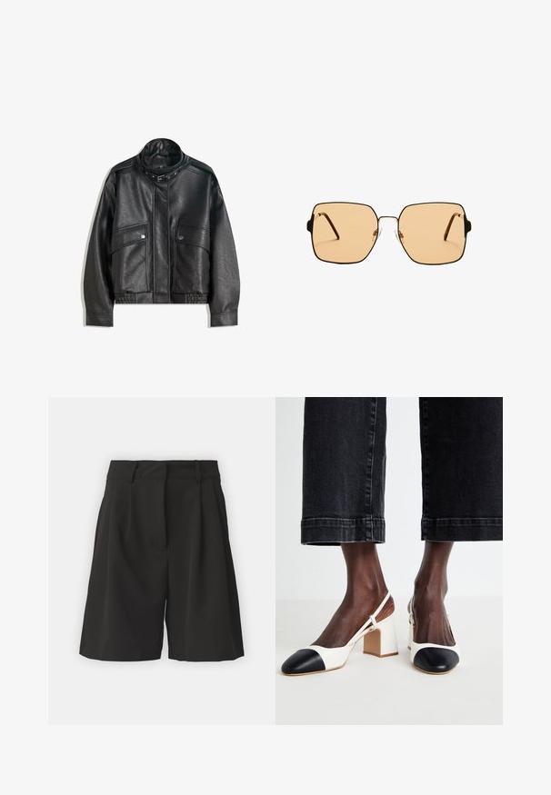 Čierna kožená bunda s vysokým golierom, zipsovým zapínaním, prednými vreckami na patentky a elastickým spodným okrajom; hladká textura s detailným prešívaním.; Čierna priesvitná tílko s ramienkami, s kvetinovou korálkovou výšivkou a predným viazaním. Ľahká a štruktúrovaná látka.; Čierne kraťasy s prispôsobeným strihom, so záhybmi na prednej strane, širokým pásom a hladkou textúrou. Bez viditeľných vreciek.; Biele a čierne slingback topánky na blokovom podpätku s špicatou špičkou, hladkým koženým materiálom a kontrastným farebným detailom na špičke.; Štvorcové slnečné okuliare s hnedými sklami a tenkým čiernym kovovým rámom. Vlastnosti zahŕňajú šikmé ramienka a nastaviteľné nosové podložky pre väčšie pohodlie.; Čierna tkaná taška cez plece s hladkým koženým remienkom a zipsovým uzáverom. Disponuje štruktúrovaným povrchom a zakriveným tvarom.