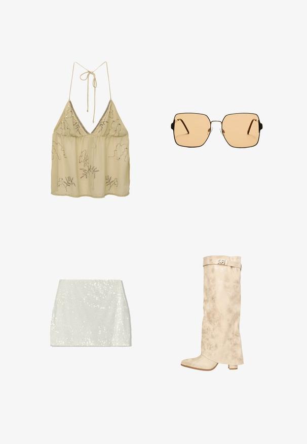 Sort læderjakke med høj krave, lynlås lukning, frontlommer med trykknapper og elastisk kant; glat tekstur med detaljeret syning.; Beige chiffon top med en dyb V-udskæring, justerbare snore bagpå og sølvperle dekorationer i blomstermønstre. Let og gennemsigtig.; Bershka A-snit nederdel - white; Knæhøj creme syntetisk læderstøvle med en subtil glans, tekstureret overflade, blokhæl og en rem med en metallisk spænde øverst.; Firkantede solbriller med brune linser og en tynd sort metalramme. Har skrå templer og justerbare næsepuder for komfort.; Sort vævet skuldertaske med en glat læderrem og lynlåslukning. Har en tekstureret overflade og en buet form.