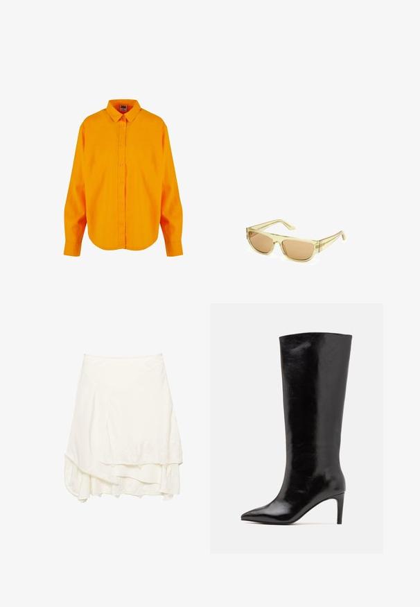Černá kožená bunda s vysokým límcem, zapínáním na zip, předními kapsami na patent a elastickým lemem; hladká textura s detailním prošíváním.; Košilové tričko v jasně oranžové barvě, s klasickým límečkem, dlouhými rukávy a zakřiveným lemem. Vyrobeno z lehkého materiálu s hladkou texturou.; Bílá zavinovací sukně s vrstveným designem, zdobená texturovanou krajkou podél lemu, vyrobena z měkkého materiálu a s volným střihem.; Call it Spring RHODDE - Kozačky na vysokém podpatku - black; Sluneční brýle s průhledným žlutým plastovým rámem a hnědými tónovanými skly. Mají obdélníkový tvar a štíhlé stranice.; Černá kožená hobo taška s volným designem, širokým ramenním popruhem a hladkým povrchem. Obsahuje jedno zipové uzavření na boku.