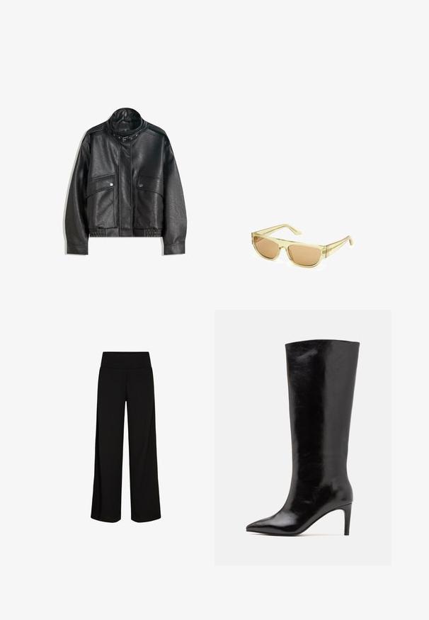 Czarna skórzana kurtka z wysokim kołnierzem, zapinana na zamek, z przednimi kieszeniami na zatrzask i elastycznym dołem; gładka faktura z szczegółowym przeszyciem.; Biały satynowy top na ramiączkach z koronkowym wykończeniem przy dekolcie w kształcie litery V, z cienkimi regulowanymi ramiączkami i gładką teksturą.; Czarne spodnie z szerokimi nogawkami i miękkim, elastycznym paskiem w pasie. Gładka tkanina, pełna długość, bez widocznych zapięć lub wzorów.; Call it Spring RHODDE czarny; Okulary przeciwsłoneczne z przezroczystym żółtym plastikowym szkieletem i brązowymi szkłami. Posiadają prostokątny kształt oraz smukłe zauszniki.; Czarna skórzana torba hobo o swobodnym fasonie, szerokim pasku na ramię i gładkiej fakturze. Posiada pojedyncze zapięcie na zamek z boku.