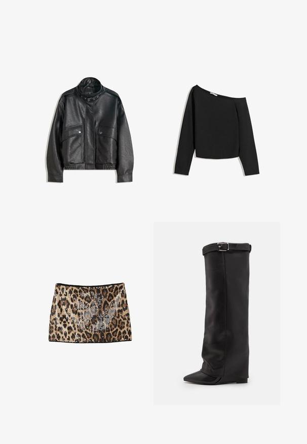 Czarna skórzana kurtka z wysokim kołnierzem, zapinana na zamek, z przednimi kieszeniami na zatrzask i elastycznym dołem; gładka faktura z szczegółowym przeszyciem.; Czarna bluzka bez ramiączek z długim rękawem, wykonana z miękkiego materiału. Posiada krótki krój z szerokim dekoltem i dopasowanymi rękawami.; Mini spódnica w wzór geparda z złotymi i czarnymi cekinami, dopasowany krój oraz czarny pas.; Steve Madden CORENNE czarny