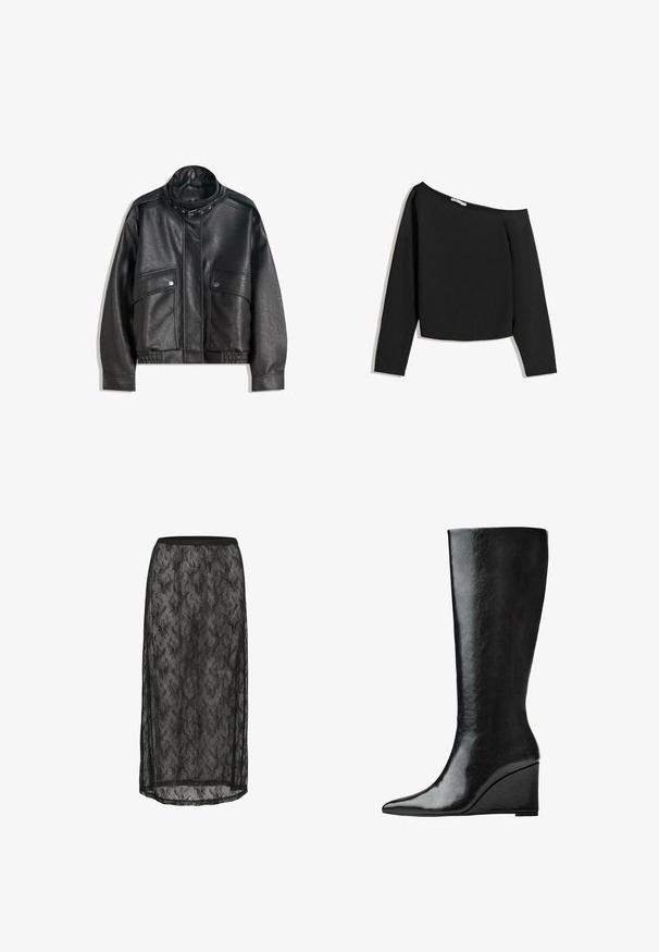 Veste en cuir noir avec un col haut, fermeture éclair, poches avant à pression et ourlet élastiqué ; texture lisse avec des coutures détaillées.; Haut noir à manches longues dénudées, fabriqué en tissu doux. Présente un design court avec un décolleté large et des manches ajustées.; Jupe midi en dentelle noire avec un motif floral, taille élastique et tissu transparent avec des fentes latérales pour plus de détails et de mouvement.; Bottes en cuir noires jusqu'aux genoux avec un bout pointu et un talon compensé. La surface est lisse avec une finition brillante.