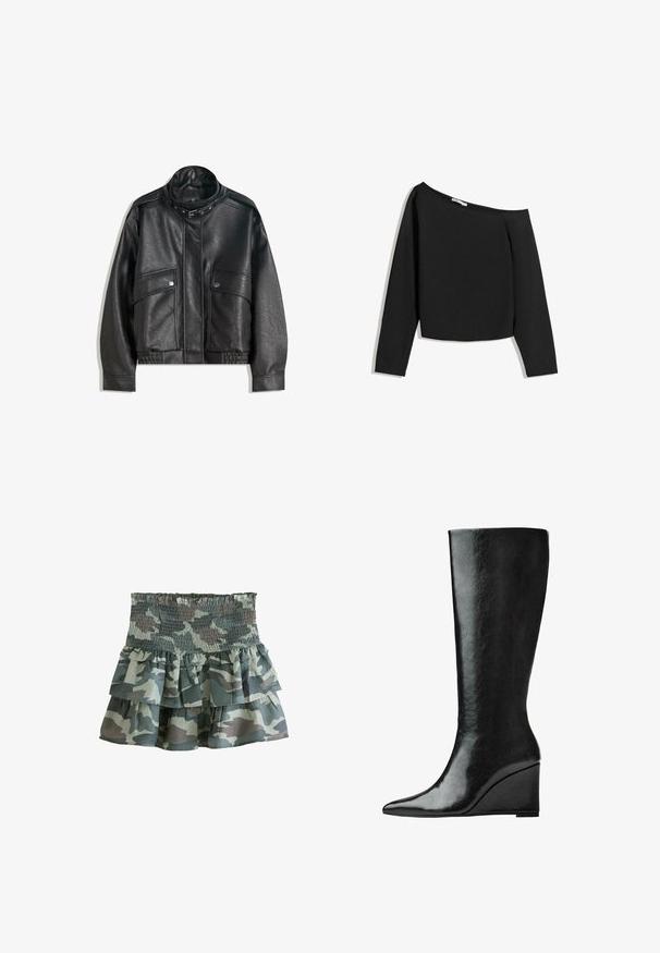 Czarna skórzana kurtka z wysokim kołnierzem, zapinana na zamek, z przednimi kieszeniami na zatrzask i elastycznym dołem; gładka faktura z szczegółowym przeszyciem.; Czarna bluzka bez ramiączek z długim rękawem, wykonana z miękkiego materiału. Posiada krótki krój z szerokim dekoltem i dopasowanymi rękawami.; Spódnica w kamuflażowy wzór z warstwami, z elastycznym pasem, z trzema falbaniastymi warstwami w stonowanych odcieniach zieleni i szarości. Lekki materiał.; Czarne skórzane kozaki sięgające do kolan, z eleganckim, spiczastym noskiem i obcasem w kształcie klina. Powierzchnia jest gładka o błyszczącym wykończeniu.