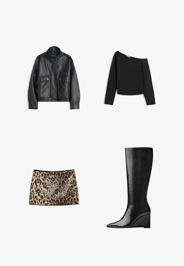 Schwarze Lederjacke mit hohem Kragen, Reißverschluss, vorderen Druckknopftaschen und elastischem Saum; glatte Textur mit detaillierter Naht.; Schwarzes, schulterfreies Langarmoberteil aus weichem Stoff. Verfügt über ein kurzes Design mit einem weiten Ausschnitt und figurschmeichelnden Ärmeln.; Minirock im Leopardenmuster mit goldenen und schwarzen Pailletten, tailliertem Design und schwarzem Bund.; Knöchelhohe schwarze Lederstiefel mit schlanker, spitzer Zehenform und Wedge-Absatz. Die Oberfläche ist glatt mit einem glänzenden Finish.