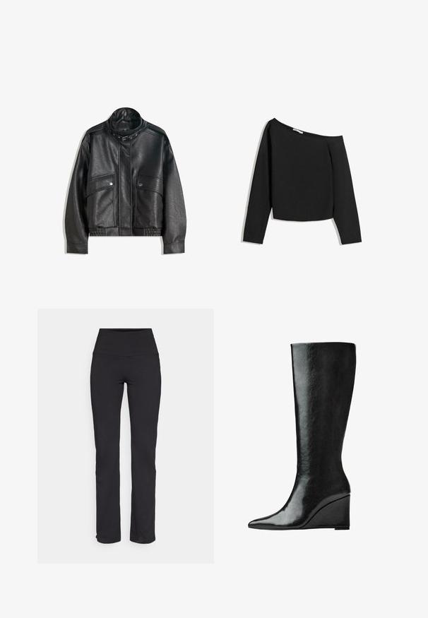 Jachetă din piele neagră cu guler înalt, închidere cu fermoar, buzunare frontale cu capse și tiv elastic; textură netedă cu cusături detaliate.; Top negru, cu umerii goi, cu mâneci lungi, fabricat dintr-un material moale. Prezintă un design scurt cu un gât larg și mâneci ajustate.; Colanți negri cu talie înaltă, fabricați dintr-un material elastic, cu o textură netedă și picioare drepte. Fără modele sau accente vizibile.; Cizme negre din piele, până la genunchi, cu vârf ascuțit și toc wedge. Suprafața este netedă, cu un finisaj lucios.