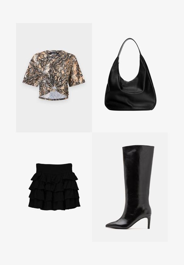 Schwarze Lederjacke mit hohem Kragen, Reißverschluss, vorderen Druckknopftaschen und elastischem Saum; glatte Textur mit detaillierter Naht.; Just Cavalli PYTHON - T-Shirt print - marzapan\curry; Schwarzer Rüschensrock mit einem geschnürten Bund, aus einem weichen Stoff mit geschichteten, kaskadierenden Rüschen für zusätzliche Textur.; Call it Spring RHODDE - High Heel Stiefel - black; Schwarze Leder-Hobo-Tasche mit einem lässigen Design, breitem Schultergurt und glatter Textur. Verfügt über einen seitlichen Reißverschluss.