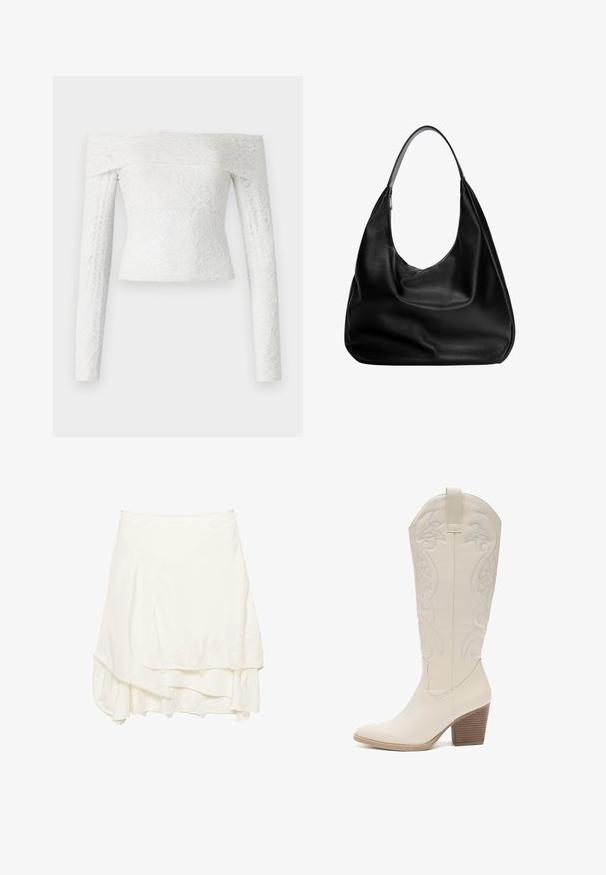 Schwarze Lederjacke mit hohem Kragen, Reißverschluss, vorderen Druckknopftaschen und elastischem Saum; glatte Textur mit detaillierter Naht.; Schulterfreies weißes Spitzenoberteil mit langen Ärmeln, das ein strukturiertes Blumenmuster und eine figurbetonte Silhouette aufweist.; Weißer Wickelrock mit schichtweisem Design, der mit strukturierten Spitzendetails entlang des Saums, weichem Stoff und einer fließenden Silhouette versehen ist.; Kniehohe weiße Leder-Cowboystiefel mit gestickten Blumenmustern, spitzem Zehenbereich und einem gestapelten Holzabsatz. Glatte Textur und elegantes Design.; Schwarze Leder-Hobo-Tasche mit einem lässigen Design, breitem Schultergurt und glatter Textur. Verfügt über einen seitlichen Reißverschluss.