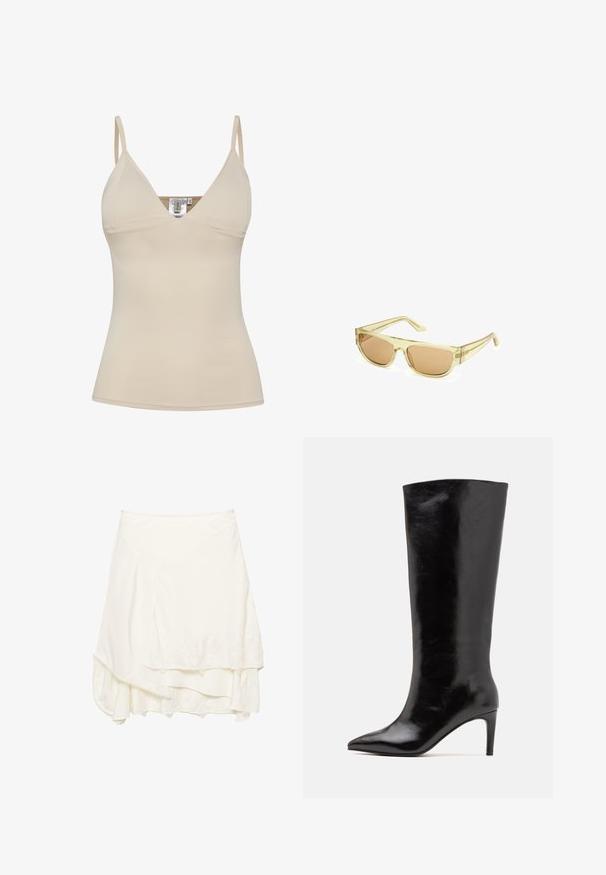 Czarna skórzana kurtka z wysokim kołnierzem, zapinana na zamek, z przednimi kieszeniami na zatrzask i elastycznym dołem; gładka faktura z szczegółowym przeszyciem.; Beżowy top na ramiączkach z dekoltem w serek i regulowanymi cienkimi ramiączkami. Wykonany z gładkiego, elastycznego materiału o dopasowanym kroju.; Biała spódnica w stylu owijanym z warstwowym wzorem, z teksturowanym koronkowym wykończeniem na dole, miękka tkanina i luźny krój.; Call it Spring RHODDE  czarny; Okulary przeciwsłoneczne z przezroczystym żółtym plastikowym szkieletem i brązowymi szkłami. Posiadają prostokątny kształt oraz smukłe zauszniki.; Czarna skórzana torba hobo o swobodnym fasonie, szerokim pasku na ramię i gładkiej fakturze. Posiada pojedyncze zapięcie na zamek z boku.