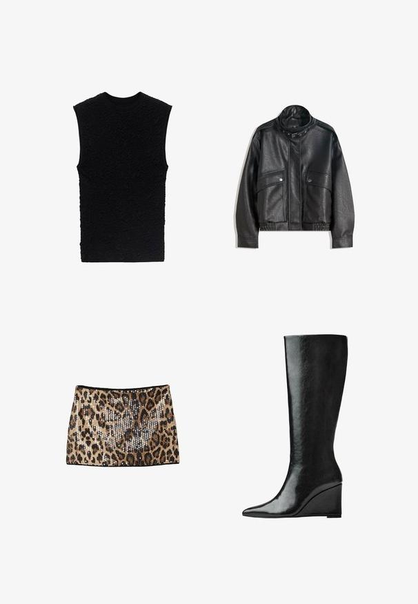 Černá kožená bunda s vysokým límcem, zapínáním na zip, předními kapsami na patent a elastickým lemem; hladká textura s detailním prošíváním.; Černý bezrukávový top s texturovaným povrchem a embosovanými vzory. Kulatý výstřih a přiléhavý design, vyrobený z měkké tkaniny.; Mini sukně s leopardím potiskem, zdobená zlatými a černými flitry, se střihaným designem a černým pasem.; Černé kožené boty do půlky lýtek s úzkou, špičatou špičkou a klínovým podpatkem. Povrch je hladký s lesklým finišem.