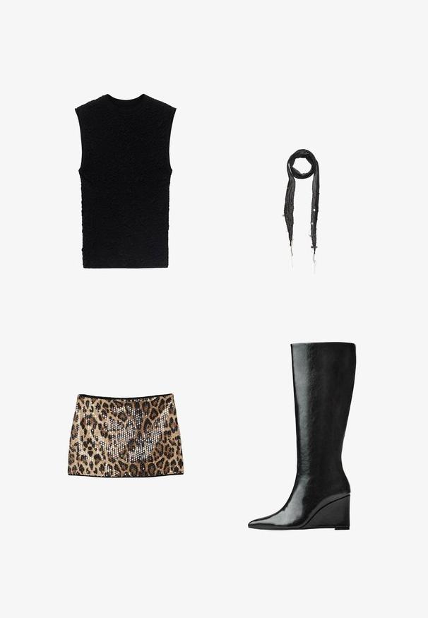 Čierna kožená bunda s vysokým golierom, zipsovým zapínaním, prednými vreckami na patentky a elastickým spodným okrajom; hladká textura s detailným prešívaním.; Čierny top bez rukávov s textúrovaným povrchom s embosovanými vzormi. Okrúhly výstrih a priliehavý strih, vyrobený z jemnej tkaniny.; Mini sukňa s leopardím vzorom, zdobená zlatými a čiernymi flitrami, s priliehavým strihom a čiernym pásom.; Čierne kožené topánky po kolená s úzkym, špicatým nosom a klínovým podpätkom. Povrch je hladký s lesklým povrchom.; Čierny priesvitný šál so štruktúrovaným vzorom, zdobený striebornými a bielymi korálkami pozdĺž okrajov a frnžami na koncoch.