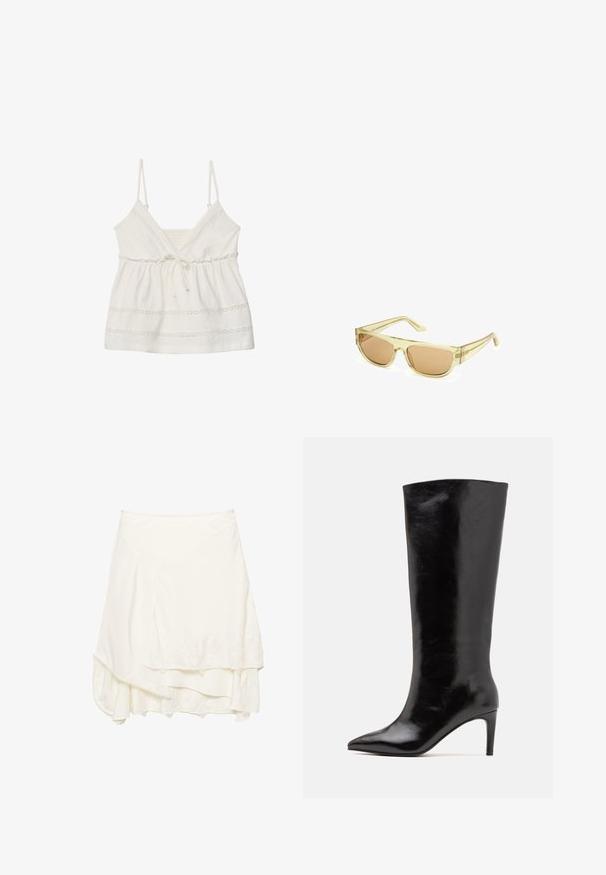 Černá kožená bunda s vysokým límcem, zapínáním na zip, předními kapsami na patent a elastickým lemem; hladká textura s detailním prošíváním.; Bílý bezramínkový top s nastavitelnými popruhy, výstřihem do V, nařaseným pasem a dekorativní krajkovou aplikací na lemu a trupě. Měkká bavlněná tkanina.; Bílá zavinovací sukně s vrstveným designem, zdobená texturovanou krajkou podél lemu, vyrobena z měkkého materiálu a s volným střihem.; Call it Spring RHODDE - Kozačky na vysokém podpatku - black; Sluneční brýle s průhledným žlutým plastovým rámem a hnědými tónovanými skly. Mají obdélníkový tvar a štíhlé stranice.; Černá kožená hobo taška s volným designem, širokým ramenním popruhem a hladkým povrchem. Obsahuje jedno zipové uzavření na boku.