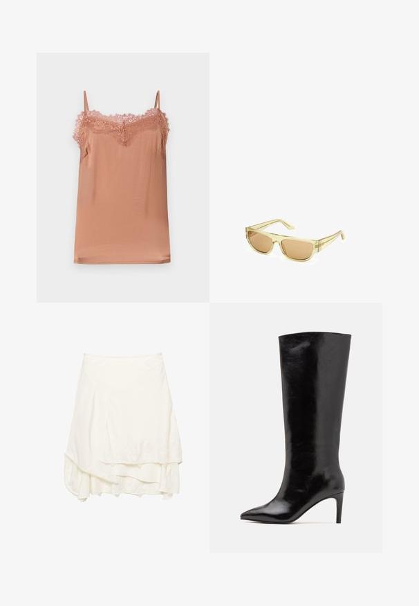 Zwarte leren jas met hoge kraag, ritssluiting, voorkant met drukknopen en elastische zoom; gladde textuur met gedetailleerde stiksels.; Cami-top in zachte rozenstof, met verstelbare bandjes en een kantafwerking langs de halslijn. Gladde textuur met een relaxte pasvorm.; Witte wikkelrok met gelaagd ontwerp, voorzien van textuur kant details langs de zoom, zachte stof en een vloeiende silhouet.; Call it Spring RHODDE - Laarzen met hoge hak - black; Zonnebril met een helder gele plastic montuur en bruin getinte lenzen. Heeft een rechthoekige vorm en slanke pootjes.; Zwarte leren hobo tas met een slouchy ontwerp, brede schouderband en een gladde textuur. Heeft een enkele ritssluiting aan de zijkant.