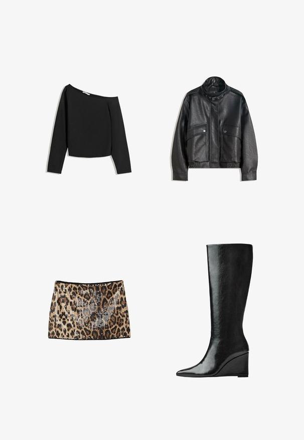 Mustat nahkatakki, jossa on korkea kaulus, vetoketjusuljenta, etupainonapit ja joustava helma; sileä rakenne, jossa on yksityiskohtaisia ompeleita.; Mustat olkapäiltä paljaat pitkähihaiset paidat, jotka on valmistettu pehmeästä kankaasta. Ominaisuuksiin kuuluu lyhyt malli, jossa on leveä kaula-aukko ja tiukat hihat.; Leopardi-kuosiset minihameet, joissa on kultaisia ja mustia paljetteja, muotoiltu malli ja musta vyötärö.; Polvisteeseen asti yltävät mustat nahkasaappaat, joissa on sulavalinjainen, terävä kärki ja viistolevy. Pintamateriaali on sileä ja kiiltävä.