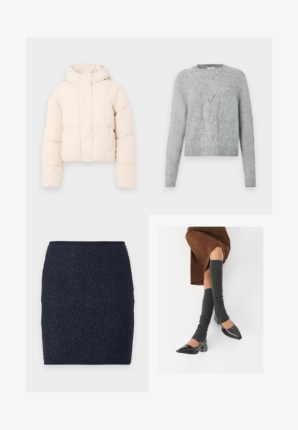 Beige Daunenjacke mit Kapuze, ausgestattet mit einem gesteppten Design, Druckknöpfen und seitlichen Taschen. Weiche, gepolsterte Textur für Wärme.; Hellegrauer Strickpullover mit langen Ärmeln, Rundhalsausschnitt und zentralem Zopfmuster auf der Vorderseite.; Marineblauer Rock aus strukturiertem Bouclé-Stoff. Gerades Design mit figurbetonter Silhouette und schlichter Taille. Keine sichtbaren Verschlüsse oder Akzente.; Schwarze lacklederne spitze Schuhe mit Blockabsatz und Knöchelriemen, kombiniert mit grauen gerippten Beinstulpen und einem braunen Wildlederrock.