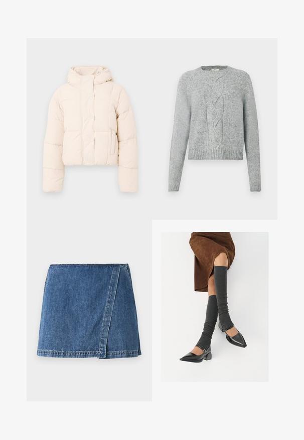 Béžová péřová bunda s kapucí, která má prošívaný design, patentky a boční kapsy. Měkká, polstrovaná textura pro zahřátí.; Světlý šedý pletený svetr s dlouhými rukávy, kulatým výstřihem a centrálním vzorem z copánkového pletení na přední straně.; Denimová sukně ve středně modré barvě s překládaným designem, s viditelným švem a rovným lemem.; Černé lakované boty s špičatou špičkou, blokovým podpatkem a kotníkovým páskem, spárované s šedými žebrovanými návleky na nohy a hnědskou sukní z semiše.