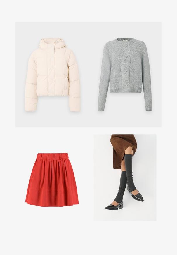 Beige pufferjacka med huva, med en vadderad design, tryckknappar och sidofickor. Mjuk, vadderad textur för värme.; Ljust grå stickad tröja med långa ärmar, rundad halsringning och centralt kabelstickat mönster framtill.; Moves KIA - Veckad kjol - mineral red; Svarta lackläderskor med spetsig tå, blockklack och ankelrem, i kombination med grå ribbade benvärmare och en brun mockakjol.