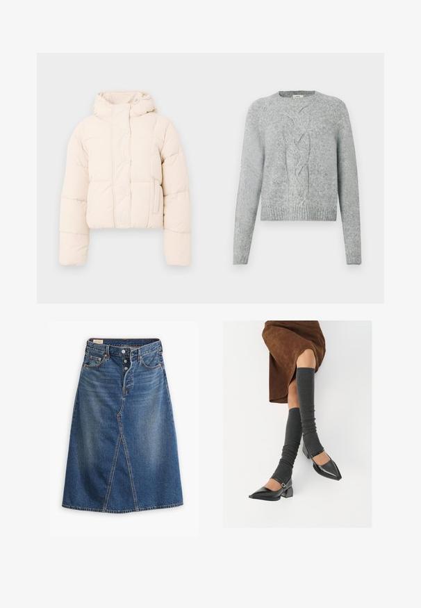Beige pufferjacka med huva, med en vadderad design, tryckknappar och sidofickor. Mjuk, vadderad textur för värme.; Ljust grå stickad tröja med långa ärmar, rundad halsringning och centralt kabelstickat mönster framtill.; Jeanskjol i medelblå tvätt med A-linjeform, framfickesprund, fem fickor och knappstängning i midjan.; Svarta lackläderskor med spetsig tå, blockklack och ankelrem, i kombination med grå ribbade benvärmare och en brun mockakjol.