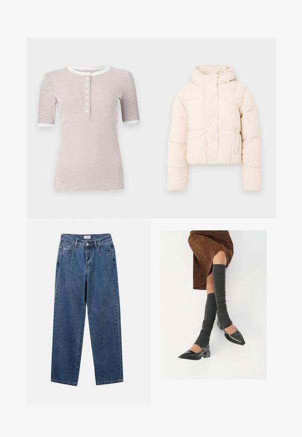 Beżowa kurtka puchowa z kapturem, z pikowanym wzorem, zatrzaskami i bocznymi kieszeniami. Miękka, wypełniona tekstura dla ciepła.; Jasnoszary sweter wykonany z dzianiny, z długimi rękawami, okrągłym dekoltem i centralnym wzorem w warkocz na przodzie.; Pasiasta koszula z krótkim rękawem i okrągłym dekoltem, z guzikami z przodu i miękką teksturą w kolorze białym i bordowym.; Klasyczne niebieskie dżinsy o prostym kroju, pięć kieszeni i zapięcie na guzik. Charakteryzują się średnim odcieniem i solidną teksturą.; Czarne lakierowane buty na szpilce z prostokątnym obcasem i paskiem na kostce, zestawione z szarymi prążkowanymi ocieplaczami na nogi oraz brązową zamszową spódnicą.
