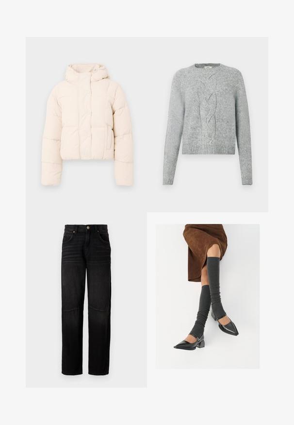 Šviesiai rudas pūkinis paltas su kapišonu, su siuvinėta danga, spaudimo mygtukais ir šoninėmis kišenėmis. Minkšta, paminkštinta tekstūra šilumai.; Šviesiai pilkas megztinis su ilgomis rankovėmis, apvalia iškirpte ir centriniu pynimo raštu priekyje.; Juodos džinsai su tiesiu kirpimu, penkių kišenių stiliumi, užsegimu mygtuku ir subtiliai išblukusiais dėvėjimo ženklais ant šlaunų ir kelių.; Juodi lakuoti odiniai batai su aštriu kuma ir bloko kulnu, derinami su pilkais riebiais kojų šildytuvais ir rudais zomšiniais sijonais.