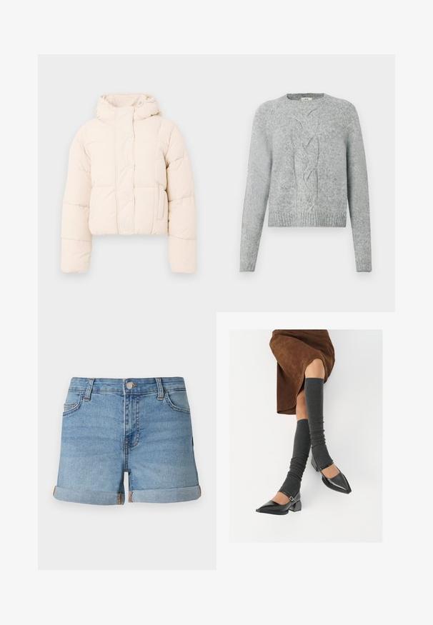 Beige színű pufi dzseki, kapucnival, steppelt dizájnnal, patent gombokkal és oldal zsebekkel. Puha, párnázott textúra a melegségért.; Világosszürke kötött pulóver hosszú ujjakkal, kerek nyakkal és középső fonott mintával az elején.; Világoskék farmer rövidnadrág, felgombolt széllel, elöl gombos zárással, öt zsebes kivitelben, kontrasztos varrási részletekkel.; Fekete lakk bőrből készült, hegyes orrú cipők, tömbsarkúakkal és bokapánttal, szürke bordás lábszármelegítőkkel és barna velúr szoknyával párosítva.