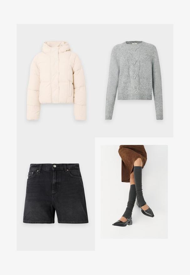 Bees värvi puffer-jakk, millel on kapuuts, tikandiga disain, nööbid ja küljetaskud. Pehme, padjakattega tekstuur soojustamiseks.; Helehallid kudumiga sviiter pikade varrukatega, ümar kaelus ja keskel soonikkoelus muster ees.; Mustad denim lühikesed püksid klassikalise lõikega, millel on nööpidega sulgur, ees taskud ja sile, veidi tekstureeritud kangas.; Mustad patsaline odav värviga kingad, millel on kreen ja pahkluuring, on paaritatud hallide ribakudumitega sääremiidega ja pruunist nahast seelikuga.