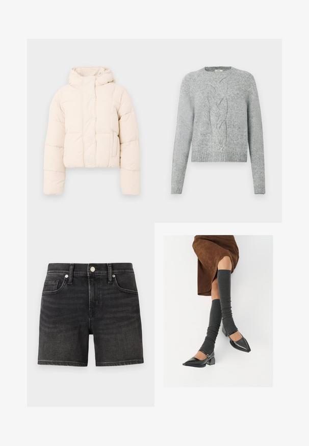 Casaco puffer bege com capuz, apresentando um design acolchoado, botões de pressão e bolsos laterais. Textura suave e acolchoada para aquecimento.; Sweater de malha cinza claro com mangas longas, gola redonda e padrão de malha em trançado central na frente.; Shorts em denim preto com um design clássico de cinco bolsos, apresentando um fecho frontal com botão e um leve desbotamento para textura.; Sapatos pretos de pele lacada com biqueira pontuda, salto bloco e tiras no tornozelo, combinados com caneleiras cinzas em malha e uma saia de camurça castanha.