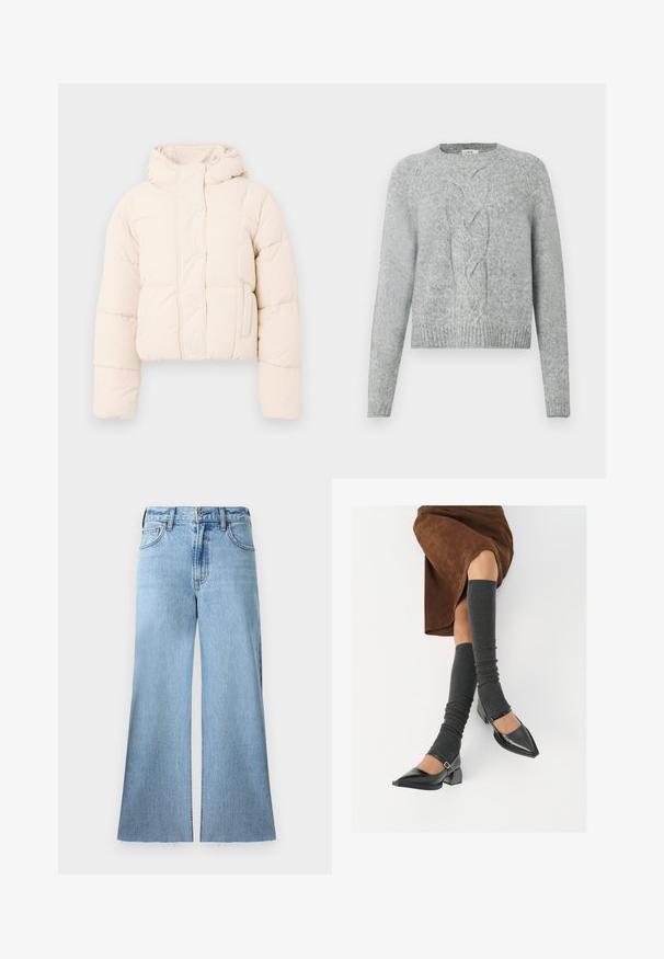 Beige puffer jacket with a hood, featuring a quilted design, snap buttons, and side pockets. Soft, padded texture for warmth.; Light grey knit sweater with long sleeves, crew neck, and central cable knit pattern on the front.; Light blue, wide-leg jeans made of denim with a textured finish. Features a mid-rise waist and raw hem detailing.; Black patent leather pointed-toe shoes with a block heel and ankle strap, paired with gray ribbed leg warmers and a brown suede skirt.