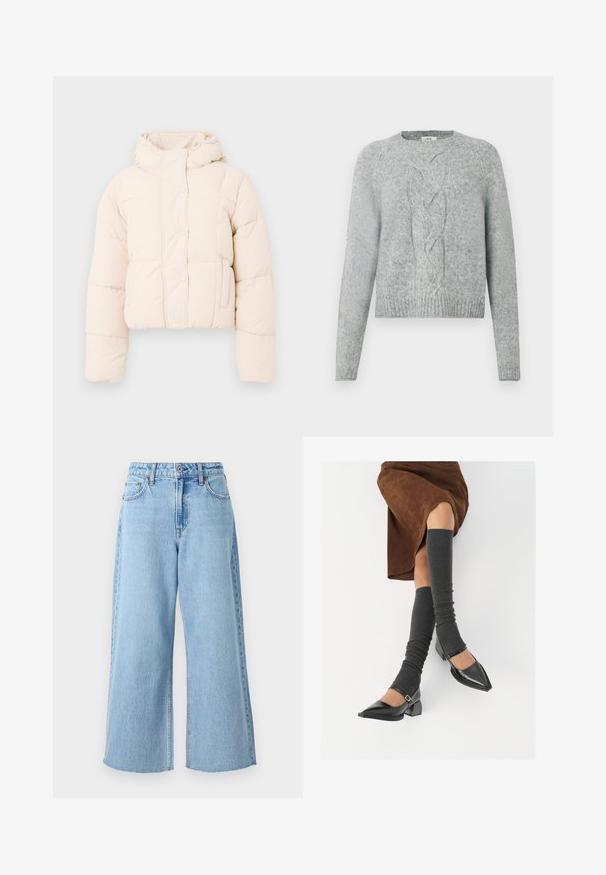 Béžová zateplená bunda s kapucňou, zariadená prešívaným vzorom, cvokovými gombíkmi a bočnými vreckami. Mäkkučký, polstrovaný materiál pre teplo.; Svetlo šedý pletený sveter s dlhými rukávmi, okrúhlym výstrihom a centrálnym pleteným vzorom na prednej strane.; Svetlo modré široké džínsy vyrobené z denimovej textílie, s vysokým pásom, predným zapínaním na gombík a surovým lemovaním pri členku.; Čierne lakované kožené topánky s špicatou špičkou, blokovým podpätkom a členkovým remienkom, ktoré sú kombinované so šedými rebrovanými legínami a hnedou zamšovou sukňou.