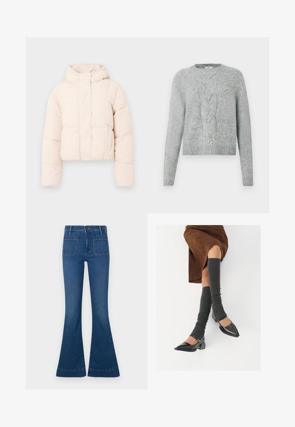 Beige puffer takki, jossa on huppu, käytännöllinen tikattu muotoilu, napit ja sivutaskut. Pehmeä, täytetty rakenne lämmön takaamiseksi.; Vaaleanharmaa neulepaita, jossa on pitkät hihat, pyöreä kaula-aukko ja keskellä oleva palmikkoneulekuvio etupuolella.; Vaaleansiniset leveät farkut, jotka on valmistettu denimestä, keskikorkealla vyötäröllä, kahdella takataskulla ja ommellulla helmallla. Sileä pinta, jossa on hieman haalistunut ilme.; Musta lakattu nahkakengät teräväkärkisillä, leveällä kantapäällä ja nilkkahihnalla, yhdistettynä harmaisiin ribattuihin säärystimiin ja ruskeaan mokkasiinimekkoon.