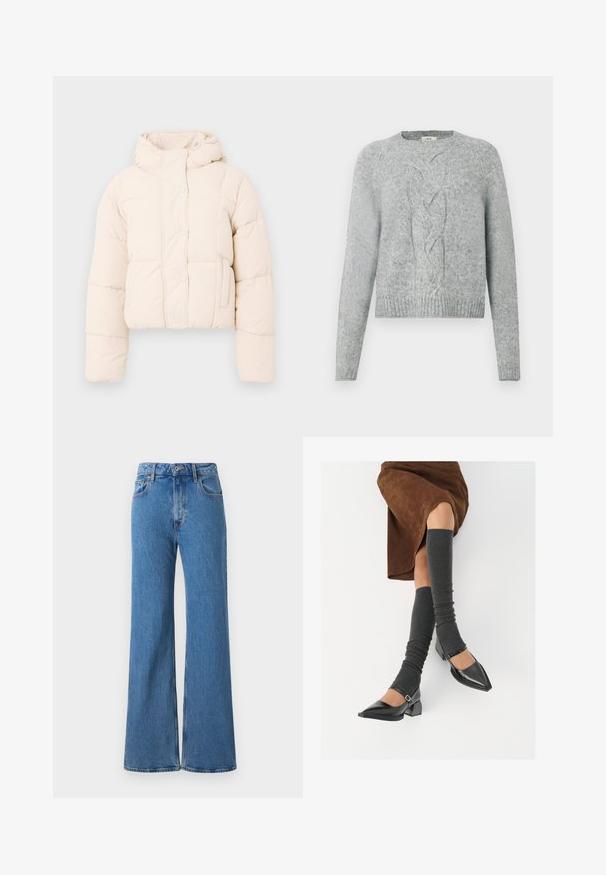 Bees värvi puffer-jakk, millel on kapuuts, tikandiga disain, nööbid ja küljetaskud. Pehme, padjakattega tekstuur soojustamiseks.; Helehallid kudumiga sviiter pikade varrukatega, ümar kaelus ja keskel soonikkoelus muster ees.; Klapilistega sinised denim teksad kõrge taljega, millel on klassikaline viie tasku disain ja tooriku lõpetamine, valmistatud tekstuurist puuvillaste kangast.; Mustad patsaline odav värviga kingad, millel on kreen ja pahkluuring, on paaritatud hallide ribakudumitega sääremiidega ja pruunist nahast seelikuga.