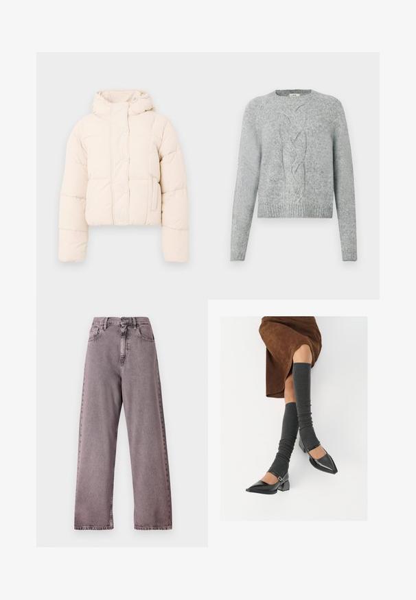 Beige pufferjack met een capuchon, voorzien van een gewatteerd ontwerp, drukknoopsluiting en zijzakken. Zacht, gewatteerd materiaal voor warmte.; Lichtgrijze gebreide trui met lange mouwen, ronde hals en een centraal kabelpatroon aan de voorkant.; Hoge taille, wijde jeans in licht paarse denim, met een knoopsluiting, vijf zakken en subtiele vervaging bij de naden.; Zwarte gepatineerde leren pumps met een puntige neus, een blokhak en een enkelbandje, gecombineerd met grijze geribde beenwarmers en een bruine suède rok.