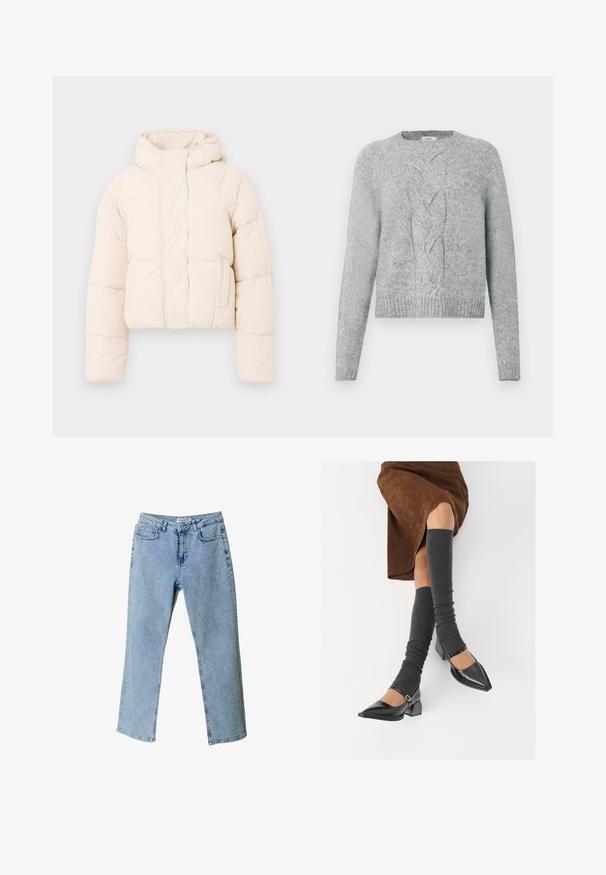 Chaqueta acolchada beige con capucha, que cuenta con un diseño acolchado, botones de presión y bolsillos laterales. Textura suave y acolchada para mayor calidez.; Suéter de punto gris claro con mangas largas, cuello redondo y un patrón de trenzado central en la parte delantera.; Vaqueros de mezclilla azul claro con un diseño de pierna recta, estilo de cinco bolsillos y una etiqueta en la cinturilla. Presentan áreas deslavadas para añadir textura.; Zapatos de charol negros con punta afilada, tacón bloque y tira de tobillo, combinados con calentadores de piernas de canalé grises y una falda de ante marrón.