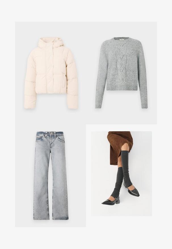 Šviesiai rudas pūkinis paltas su kapišonu, su siuvinėta danga, spaudimo mygtukais ir šoninėmis kišenėmis. Minkšta, paminkštinta tekstūra šilumai.; Šviesiai pilkas megztinis su ilgomis rankovėmis, apvalia iškirpte ir centriniu pynimo raštu priekyje.; Šviesiai mėlyni džinsai su plačiais šonais. Standartinė juosmens linija, penkių kišenių stilius ir matoma siuvimo linija palei siūles.; Juodi lakuoti odiniai batai su aštriu kuma ir bloko kulnu, derinami su pilkais riebiais kojų šildytuvais ir rudais zomšiniais sijonais.