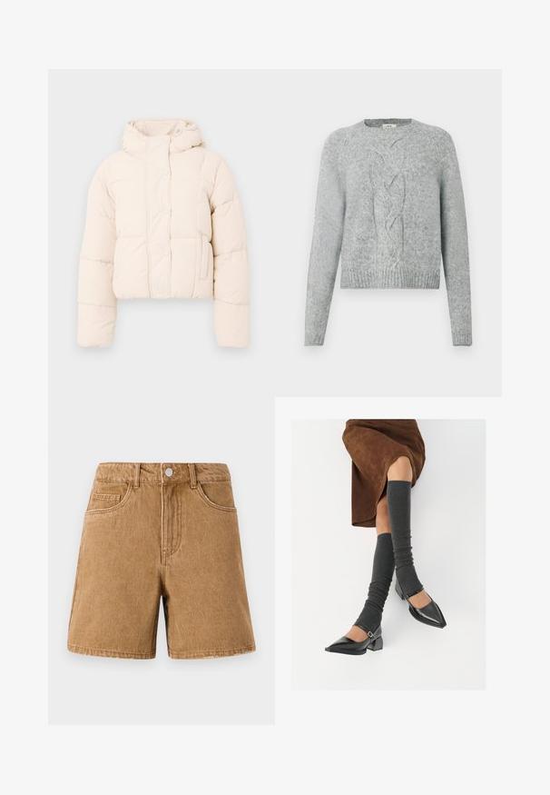 Bežna pufasta jakna s kapuco, s kvadratnim dizajnom, s pritrdilnimi gumbi in stranskimi žepi. Mehka, podložena tekstura za toploto.; Svetlo sivi pleteni pulover z dolgimi rokavi, okroglo izrezom in osrednjim vzorcem pletenja s kabli spredaj.; Rjavi denim kratke hlače z visokim pasom, sprednjimi žepi in gumbom za zapiranje. Tkanina ima gladko teksturo z diskretnim sijajem.; Črne lakirane čevlje s pointy prsti in blok peto ter z naramnicami za gleženj, ki jih kombiniramo s sivimi rebrastimi nogavicami in rjavim suknjičem iz usnja.