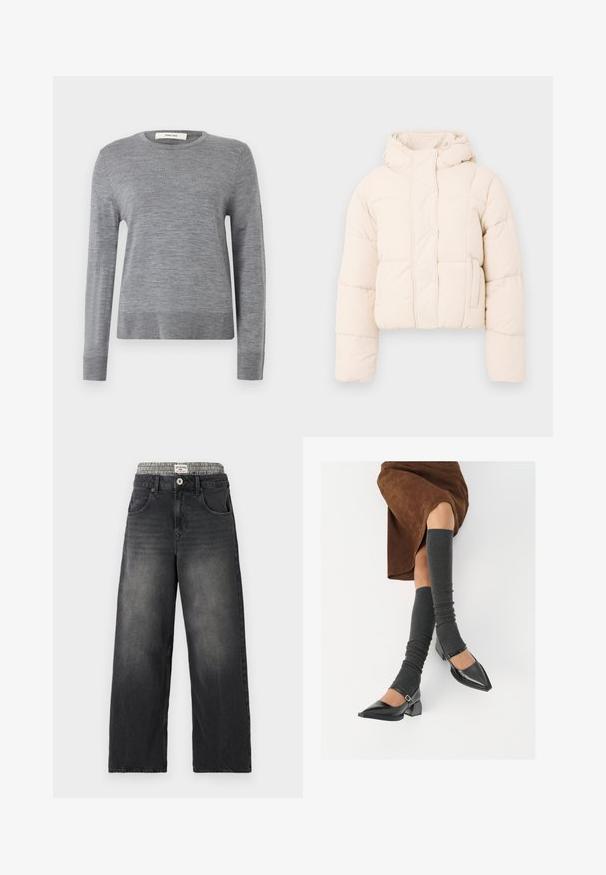 Beige színű pufi dzseki, kapucnival, steppelt dizájnnal, patent gombokkal és oldal zsebekkel. Puha, párnázott textúra a melegségért.; Szürke, hosszú ujjú pulóver, puha anyagból készült. Kerek nyakkivágással és bordázott mandzsettákkal és alsó szegéllyel rendelkezik. Egyszerű, könnyű dizájn, minta nélkül.; Fekete farmer széles lábú farmernadrág, sakktáblás mintájú derékkal. Jellemzői közé tartozik a frontzsebek és a gombos záródás. Hangsúlyozottan megkopott textúra.; Fekete lakk bőrből készült, hegyes orrú cipők, tömbsarkúakkal és bokapánttal, szürke bordás lábszármelegítőkkel és barna velúr szoknyával párosítva.