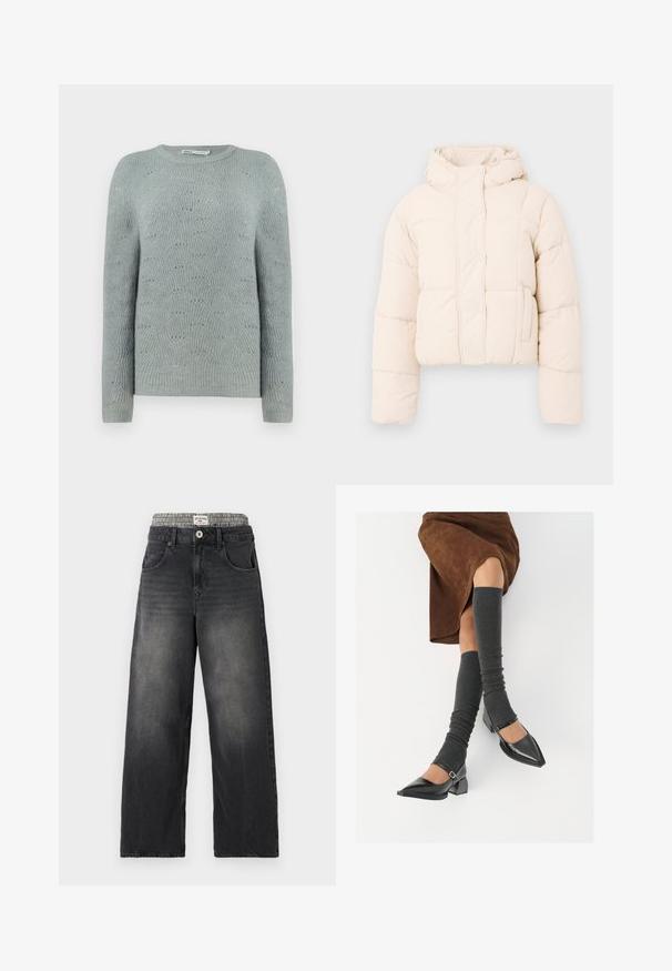 Beige puffer jacket with a hood, featuring a quilted design, snap buttons, and side pockets. Soft, padded texture for warmth.; Light blue knit sweater with a round neckline, long sleeves, and a textured wave pattern throughout the fabric.; Black denim wide-leg jeans with a houndstooth patterned waistband. Features include front pockets and a button closure. Distressed texture.; Black patent leather pointed-toe shoes with a block heel and ankle strap, paired with gray ribbed leg warmers and a brown suede skirt.