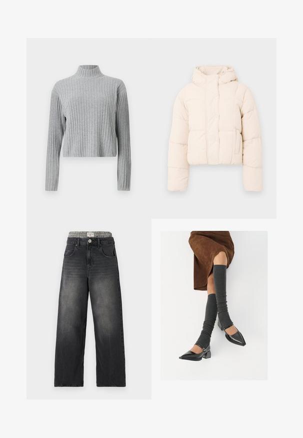 Veste doudoune beige avec capuche, dotée d'un design matelassé, de boutons-pression et de poches latérales. Texture douce et rembourrée pour la chaleur.; Pull à col roulé gris à côtes, avec des manches longues, une coupe courte, une texture douce et un design ajusté. Pas de quincaillerie ou de motifs visibles.; Jeans large en denim noir avec une ceinture à motif pied-de-poule. Comprend des poches avant et une fermeture à bouton. Texture déchirée.; Chaussures à bout pointu en cuir verni noir avec un talon bloc et une bride à la cheville, accompagnées de jambières en maille grise et d'une jupe en daim marron.