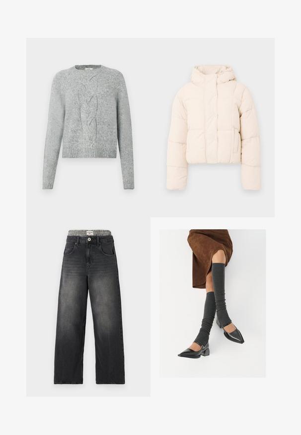 Beige színű pufi dzseki, kapucnival, steppelt dizájnnal, patent gombokkal és oldal zsebekkel. Puha, párnázott textúra a melegségért.; Világosszürke kötött pulóver hosszú ujjakkal, kerek nyakkal és középső fonott mintával az elején.; Fekete farmer széles lábú farmernadrág, sakktáblás mintájú derékkal. Jellemzői közé tartozik a frontzsebek és a gombos záródás. Hangsúlyozottan megkopott textúra.; Fekete lakk bőrből készült, hegyes orrú cipők, tömbsarkúakkal és bokapánttal, szürke bordás lábszármelegítőkkel és barna velúr szoknyával párosítva.