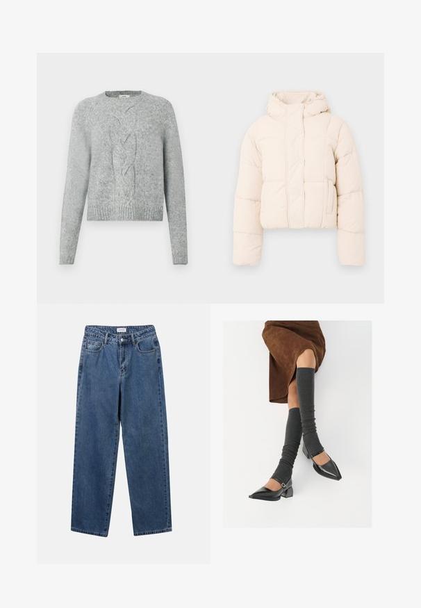 Bežna pufasta jakna s kapuco, s kvadratnim dizajnom, s pritrdilnimi gumbi in stranskimi žepi. Mehka, podložena tekstura za toploto.; Svetlo sivi pleteni pulover z dolgimi rokavi, okroglo izrezom in osrednjim vzorcem pletenja s kabli spredaj.; Klasične modre jeans hlače s ravnim krojem, petimi žepi in gumbom za zapiranje. Imajo srednje pranje in trdno teksturo.; Črne lakirane čevlje s pointy prsti in blok peto ter z naramnicami za gleženj, ki jih kombiniramo s sivimi rebrastimi nogavicami in rjavim suknjičem iz usnja.