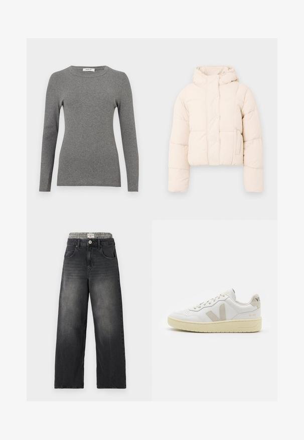 Bees värvi puffer-jakk, millel on kapuuts, tikandiga disain, nööbid ja küljetaskud. Pehme, padjakattega tekstuur soojustamiseks.; Hall padev varrukatega hall särke, mis on valmistatud pehmest ribakujulisest materjalist. Omab ümardatud kaelust ja vormitud lõiget, minimaalsete aksessuaaride või mustritega.; Mustad denimist laiad püksid, millel on kassi-loomakaubaga vöökoht. Omadused hõlmavad eespool taskuid ja nuppleclosingut. Kulunud tekstuur.; Valge nahast tenniseking, millel on beežist siidist aktsent ja aukudega varvas, lame paelad ja tekstureeritud koorevärvi tallad. Omab nüansirikast brändimist kannal.