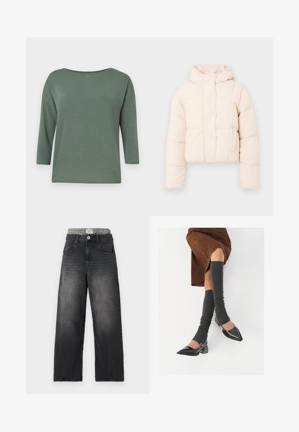 Beige színű pufi dzseki, kapucnival, steppelt dizájnnal, patent gombokkal és oldal zsebekkel. Puha, párnázott textúra a melegségért.; Zöld, könnyű felső széles nyakkivágással, háromnegyedes ujjal és laza szabással. Simás textúra minimális varrási részletekkel.; Fekete farmer széles lábú farmernadrág, sakktáblás mintájú derékkal. Jellemzői közé tartozik a frontzsebek és a gombos záródás. Hangsúlyozottan megkopott textúra.; Fekete lakk bőrből készült, hegyes orrú cipők, tömbsarkúakkal és bokapánttal, szürke bordás lábszármelegítőkkel és barna velúr szoknyával párosítva.