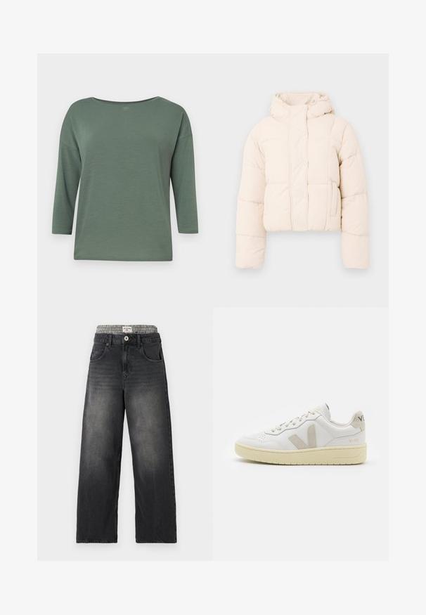 Beige pufferjack met een capuchon, voorzien van een gewatteerd ontwerp, drukknoopsluiting en zijzakken. Zacht, gewatteerd materiaal voor warmte.; Groene, lichte top met een brede halslijn, driekwart mouwen en een ontspannen pasvorm. Soepele textuur met minimale stikdetails.; Zwarte denim wijde jeans met een houndstooth patroon op de tailleband. Kenmerken zijn onder andere voorzakken en een knoopsluiting. Beschadigd textuur.; Witte leren sneaker met beige suède accenten, geperforeerde neus, platte veters en een gestructureerde crèmekleurige zool. Heeft subtiele branding op de hak.
