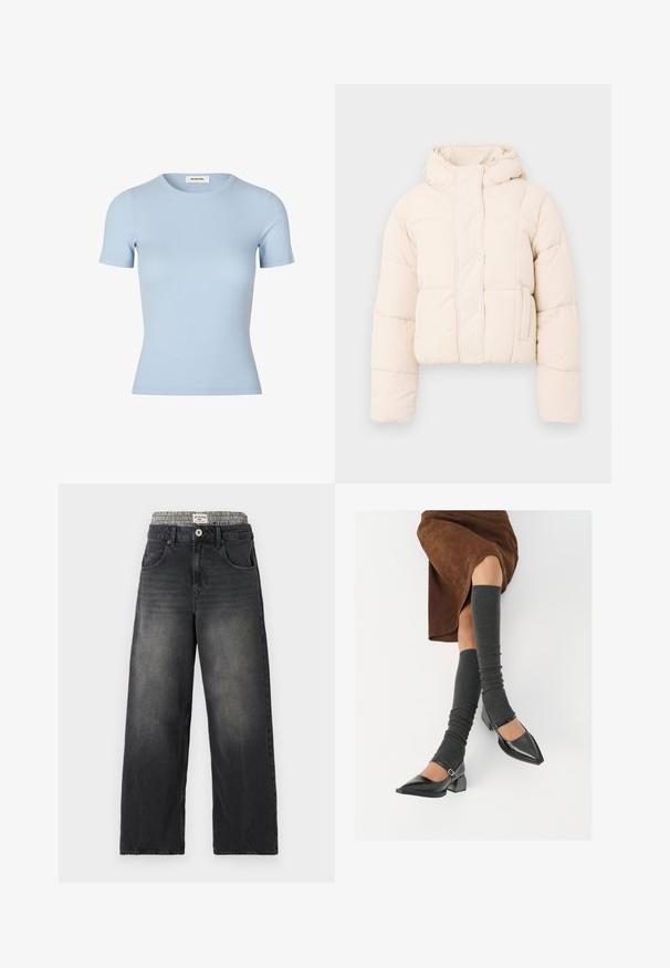 Beige pufferjakke med hætte, prydet med en quiltet design, trykknapper og sidelommer. Blød, polstret tekstur for varme.; Lyseblå ribbet t-shirt med korte ærmer og rund halsudskæring. Blød tekstur, tætsiddende design uden synlige logoer eller udsmykninger.; Sorte denim bredbenede jeans med et houndstooth-mønster i taljen. Funktioner inkluderer sidelommer og en knaplukning. Slidt tekstur.; Sorte patenterede lædersko med spids tå, blokhæl og ankelrem, kombineret med grå ribbede benvarmere og en brun ruskinds nederdel.