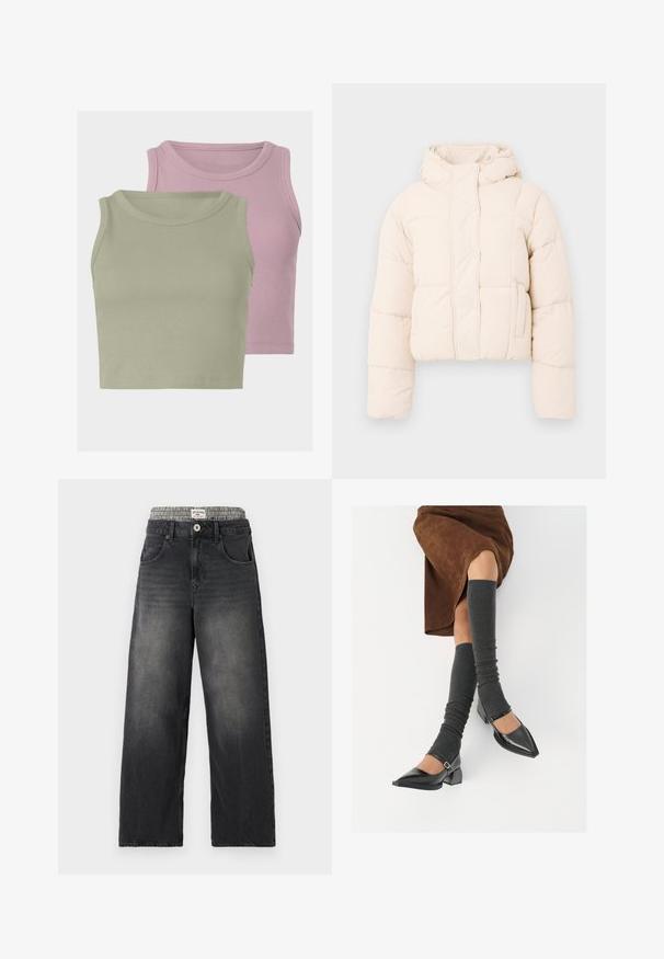 Šviesiai rudas pūkinis paltas su kapišonu, su siuvinėta danga, spaudimo mygtukais ir šoninėmis kišenėmis. Minkšta, paminkštinta tekstūra šilumai.; Du mielių be rankovių tankių trumpų marškinėlių, vieni šviesiai žali, o kiti šviesiai rožiniai, atskleidžiantys švelnų tekstūrą ir apvalius iškirpimus.; Juodi džinsai su plačiomis kojomis ir houndstooth rašto juosmeniu. Pirmuose kišenėse ir su mygtuko uždarymu. Dėvėtas tekstūras.; Juodi lakuoti odiniai batai su aštriu kuma ir bloko kulnu, derinami su pilkais riebiais kojų šildytuvais ir rudais zomšiniais sijonais.